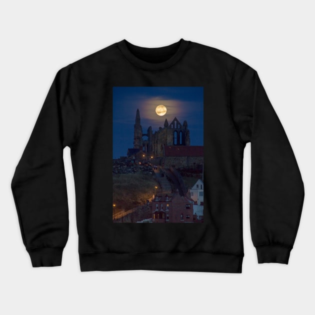 Super Moon Rise over Whitby Abbey North Yorkshire Dracula Crewneck Sweatshirt by Spookydaz